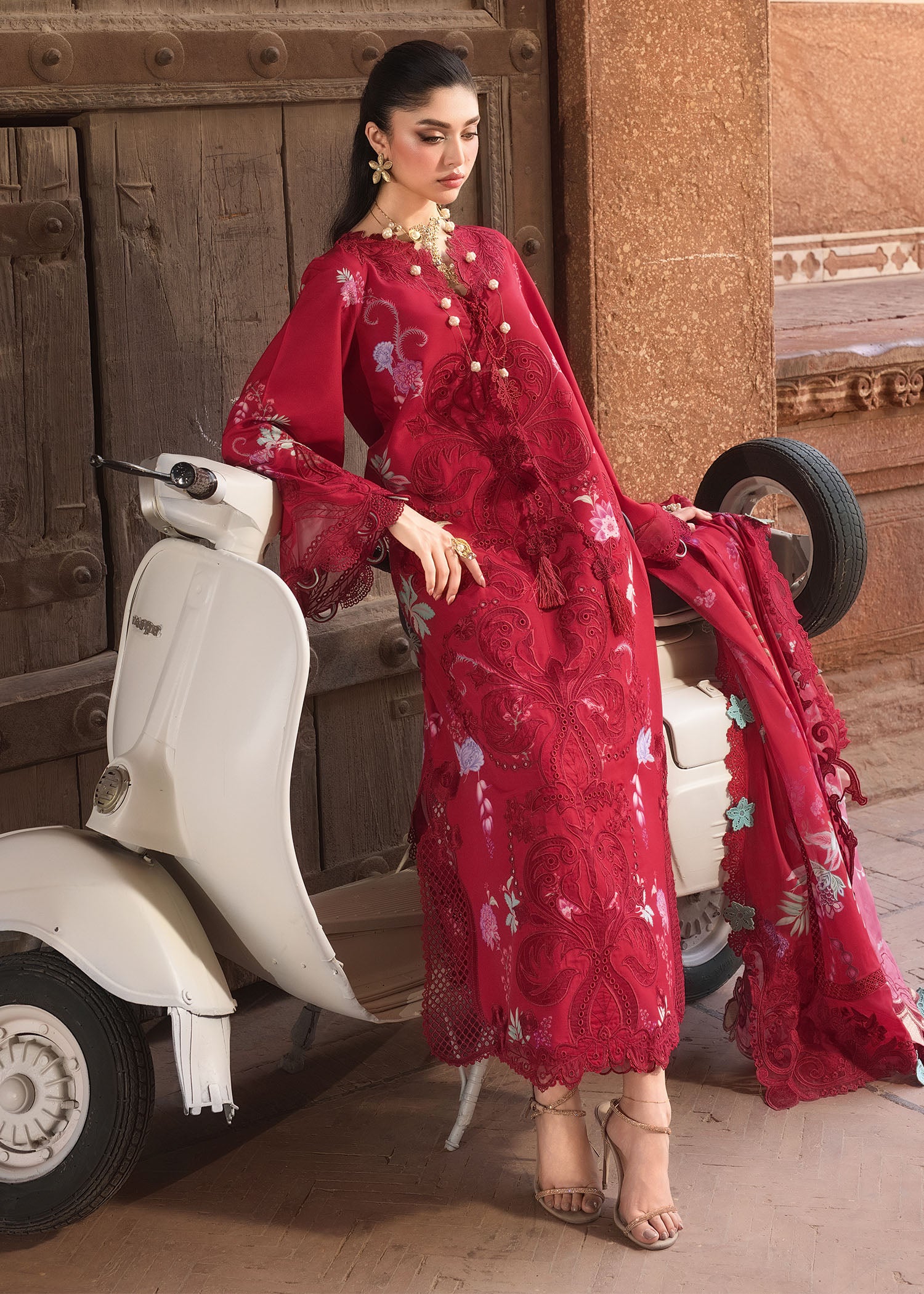 Zelie 1-A | Red Unstitched Lawn 3 Piece | Saira Shakira